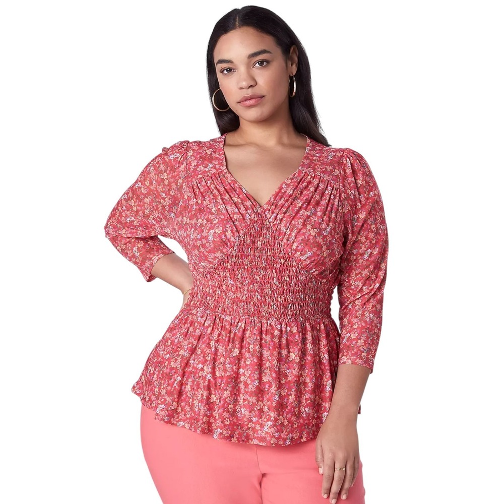 Lane Bryant Fitted Smocked Waist Mesh Top Red Floral Cottagecore Boho 22/24